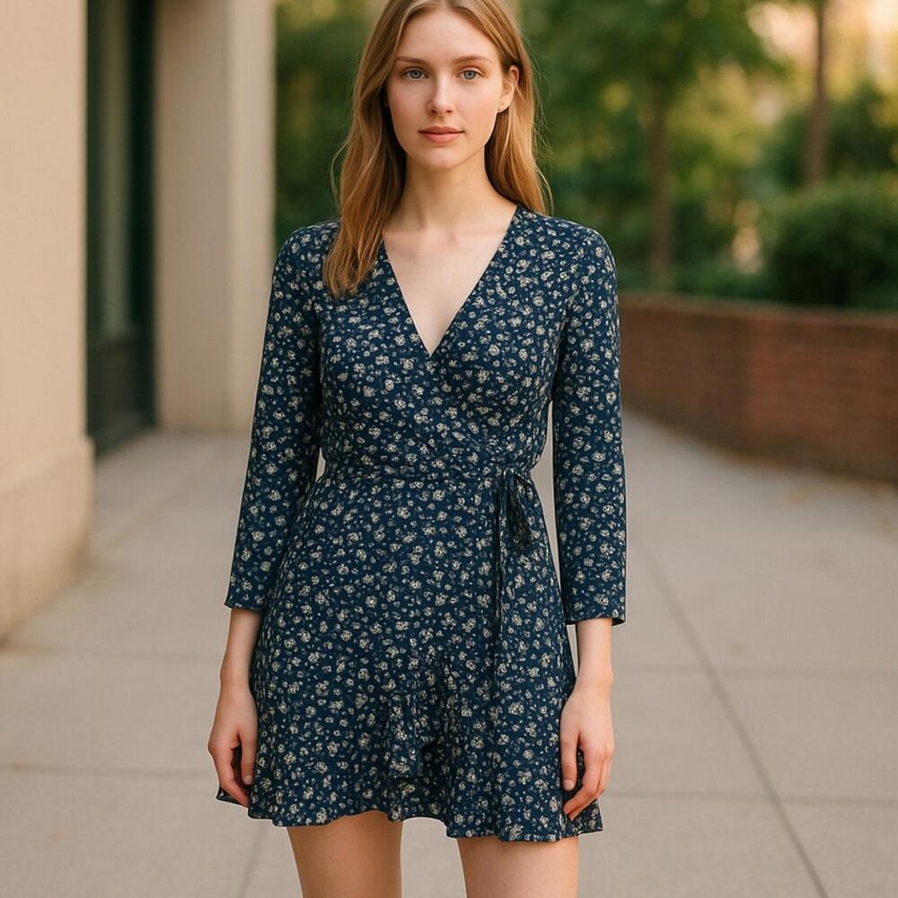 ONLY Floral Wrap Mini Dress Womens 38 Navy White Long Sleeve V Neck